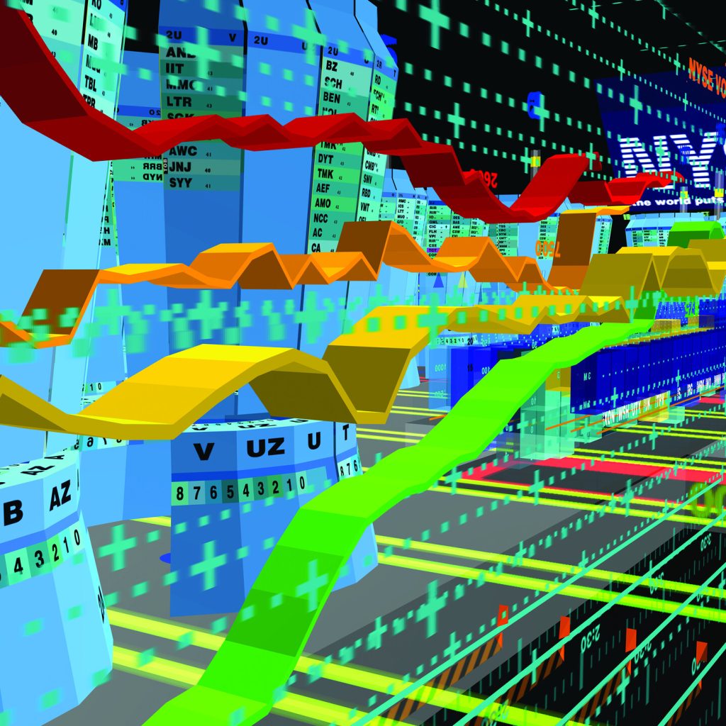 A colourful digital visualisation of the New York Stock Exchange.