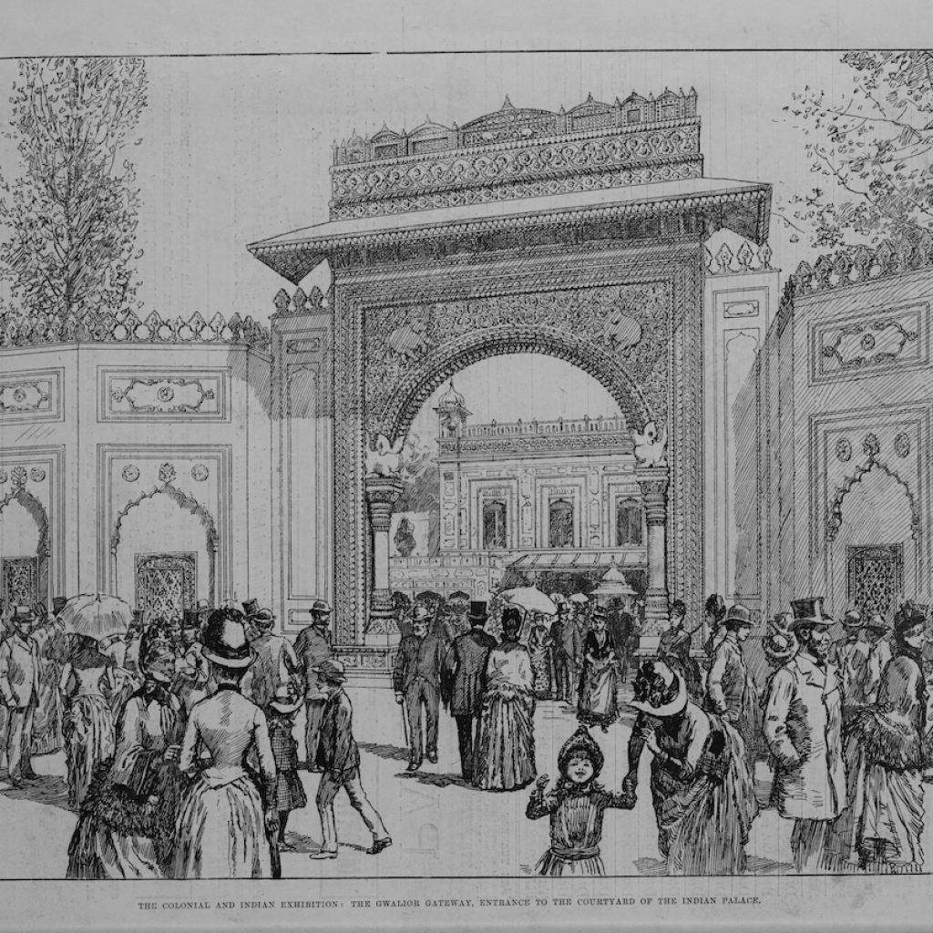An illustration of the Gwalior Gateway as the Entrance to the Courtyard of the Indian Palace for the The Colonial and Indian Exhibition of 1886.
