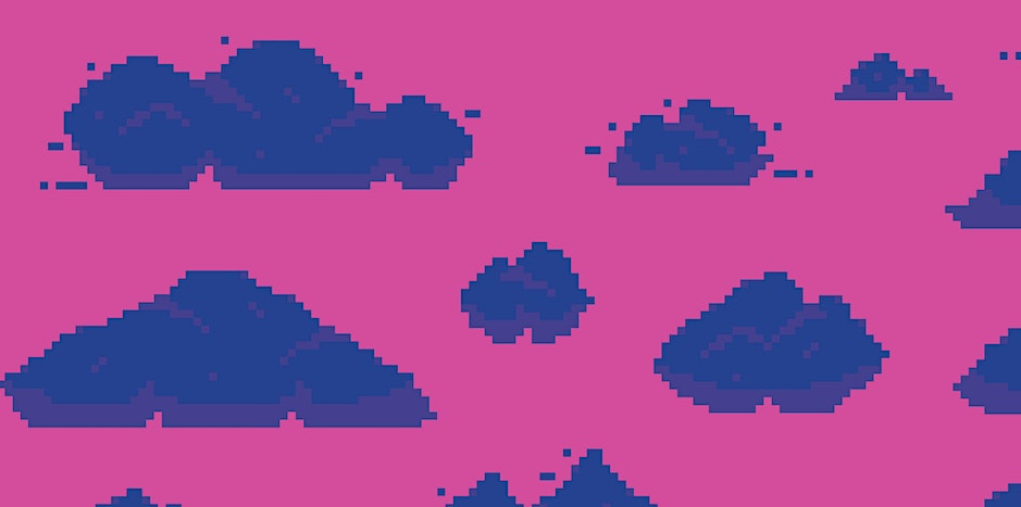 Blue pixel clouds on a hot pink sky.