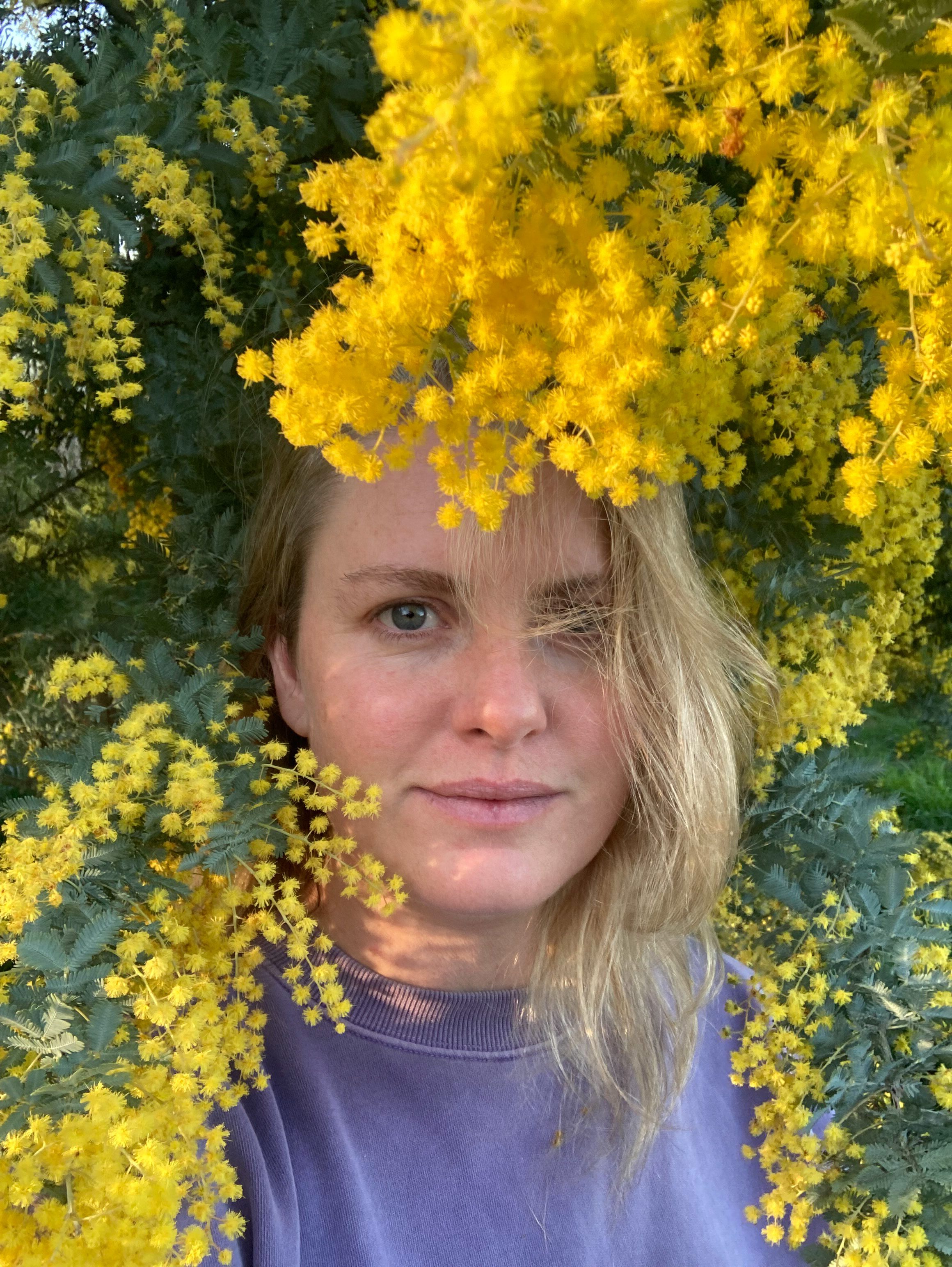 A woman with blond hair looks out at the camera from within a wattle bush