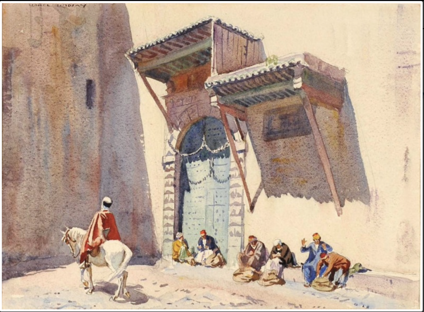 A watercolour painting showing a scene in Algeria, with a man on a horse in the foreground, and a group of men in the background sitting against the wall.