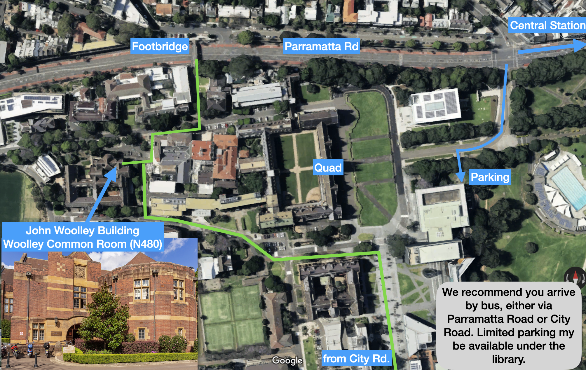 A map of the University of Sydney, showing the location of the Woolley Common Room