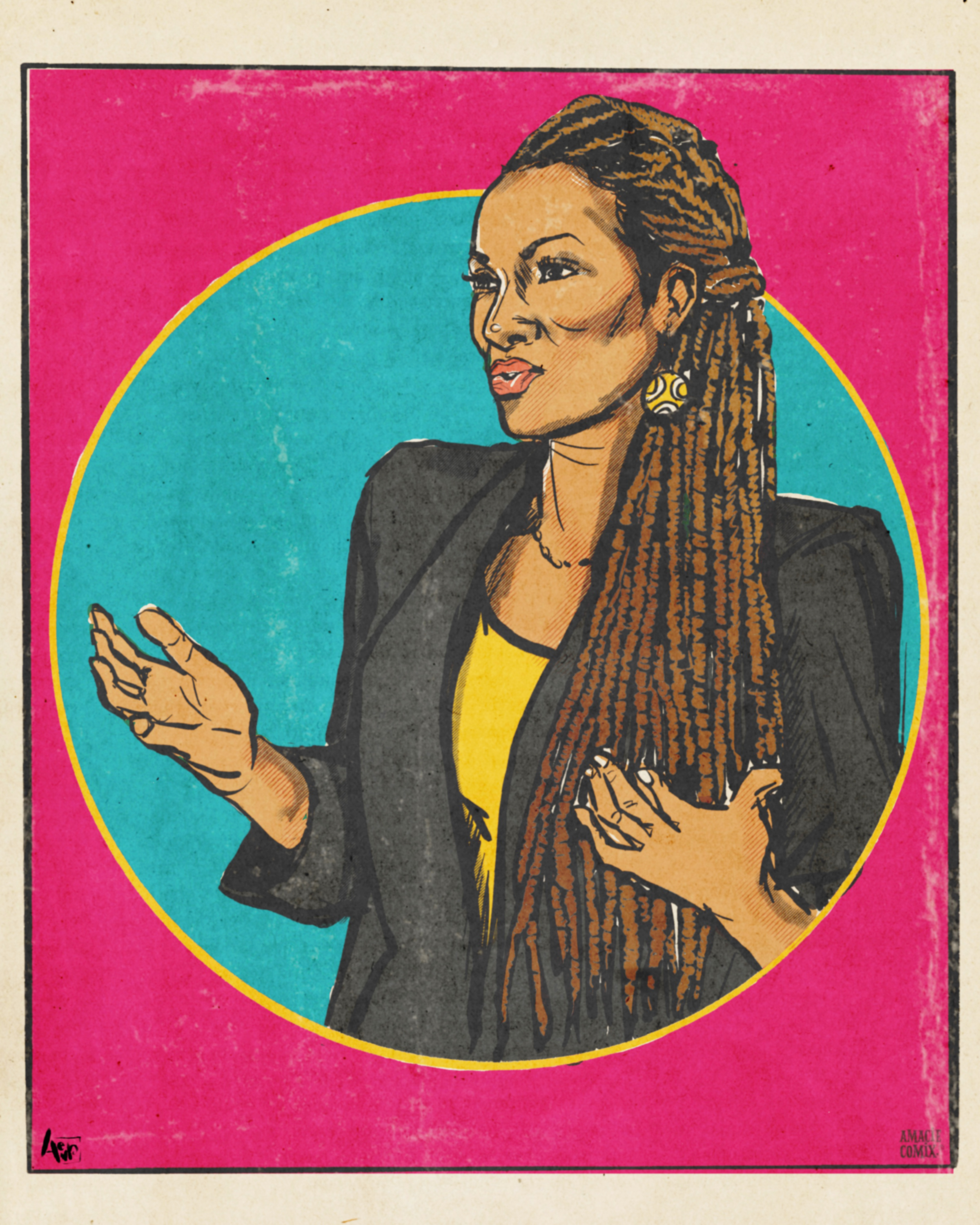 A comic-style drawing of Ruha Benjamin