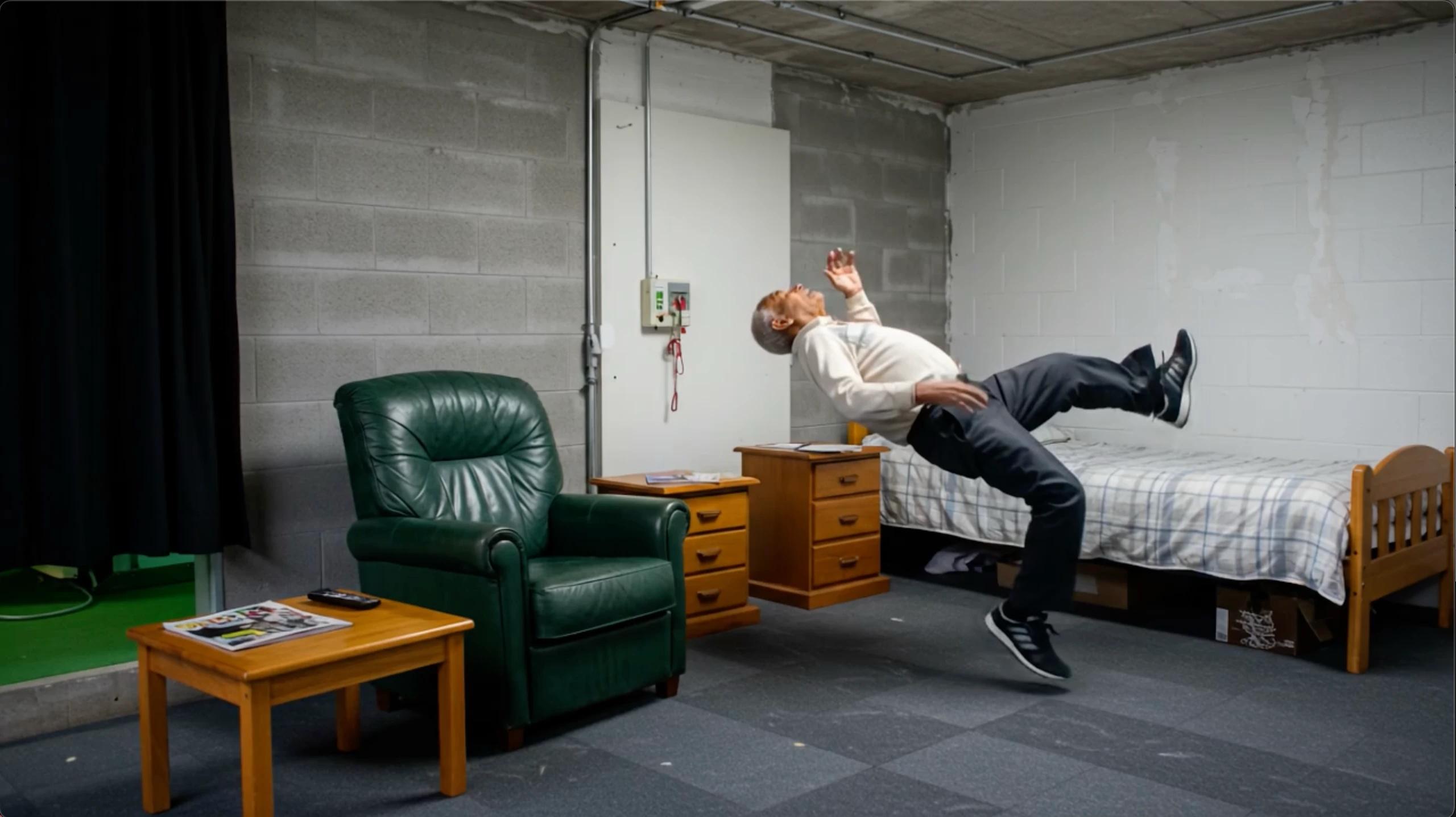 A photograph of a man falling backwards