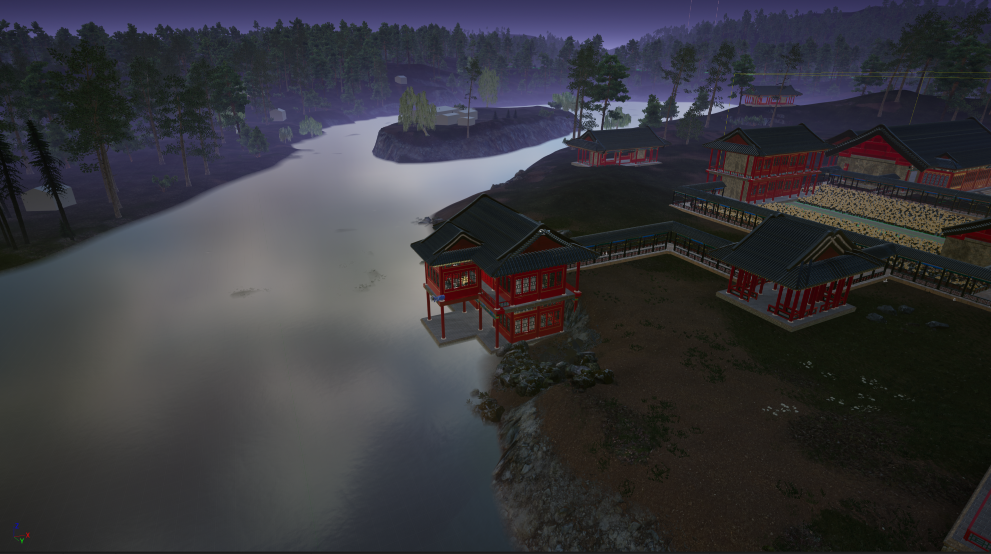 A view of one of the virtual models of the Mountain Estate showing a lake, buildings and gardens