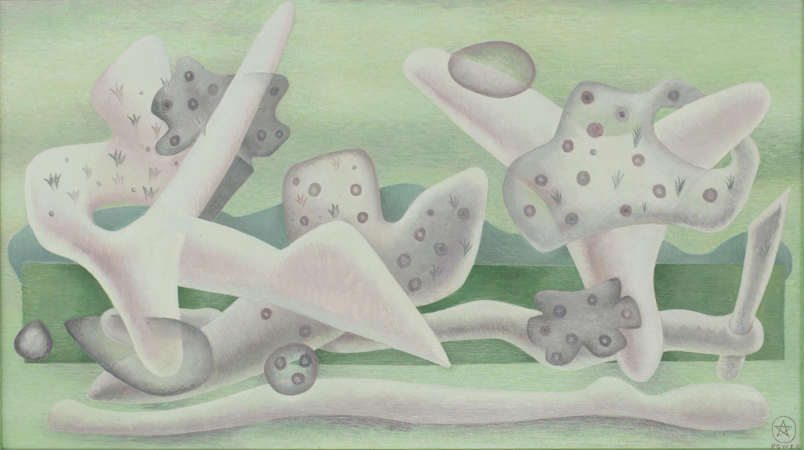 A painting showing a collection of white abstract shapes against a light green background