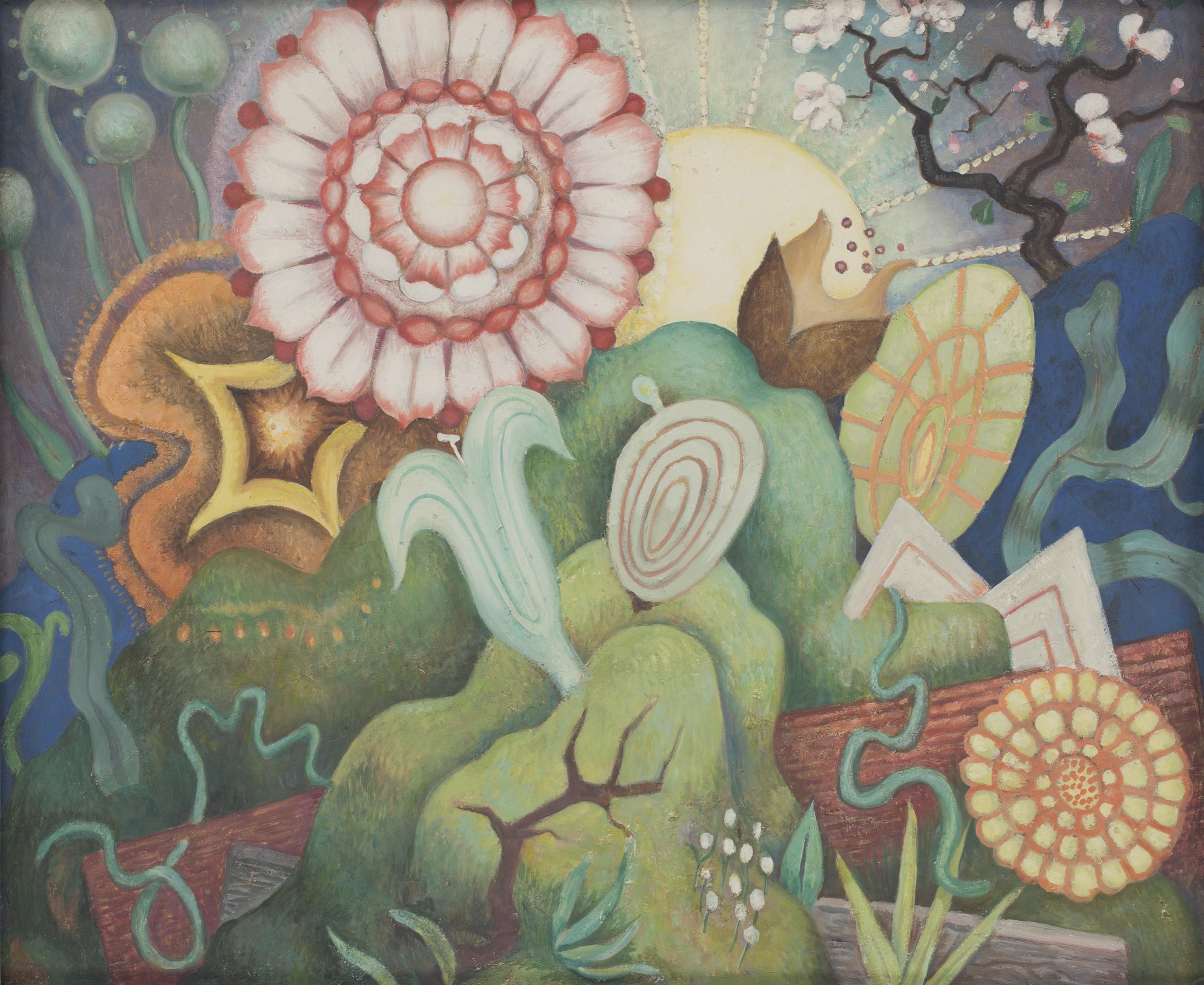 A painting of a garden with flowers and trees