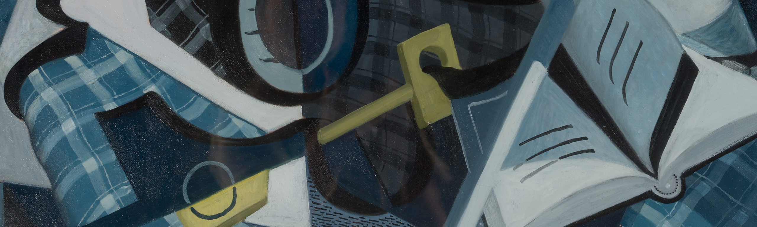 A excerpt from a painting in a cubist style, which shows a key and a book