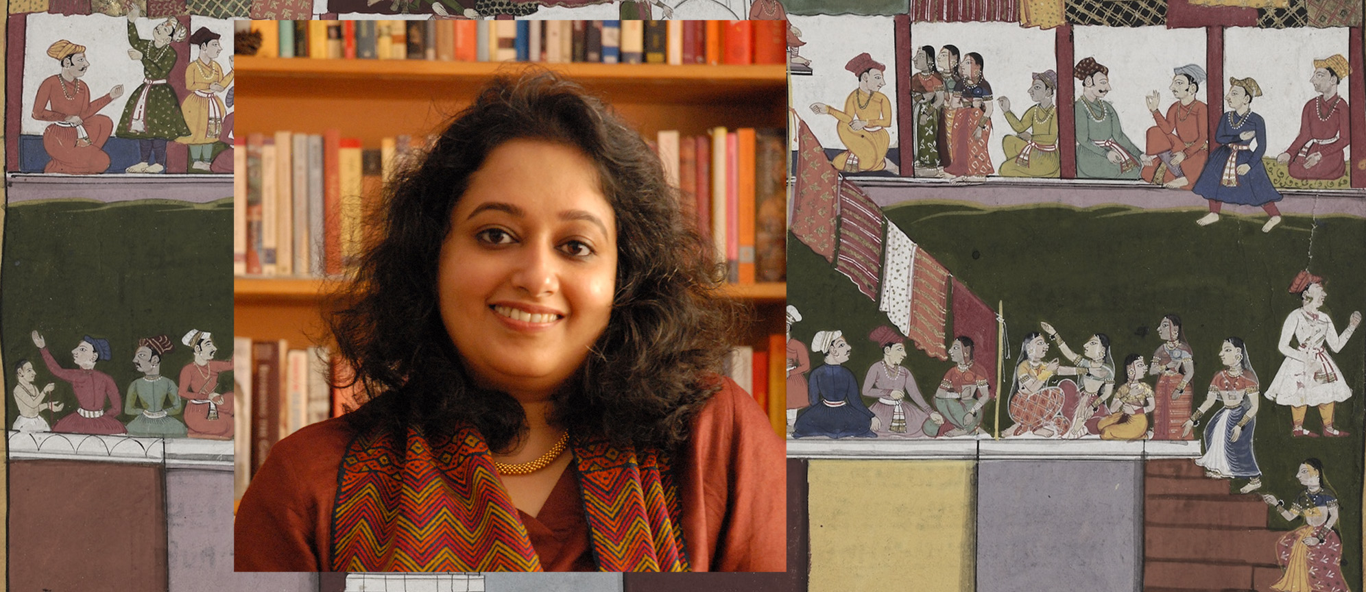 A photograph of Dipti Khera superimposed on a watercolour drawing on paper.